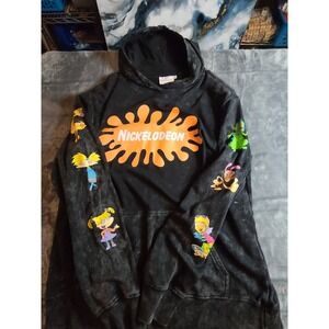 Mens Large Black Hoodie Nickelodeon Logo Retro 90's Style Rugrats Acid Washed